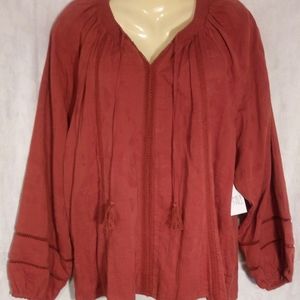 Spiced Cider Smocked Neck Peasant Blouse Top